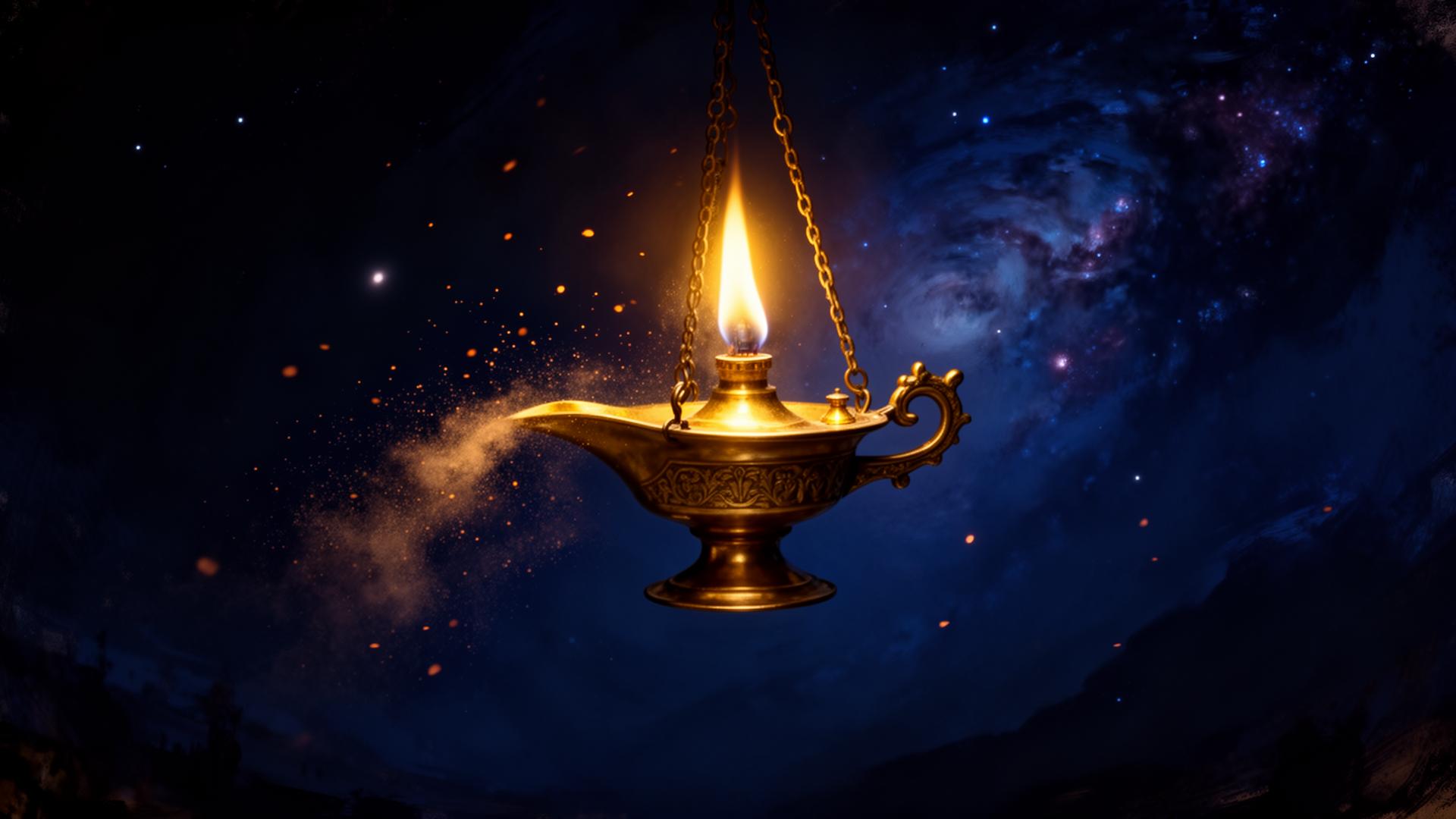 A glowing brass oil lamp suspended in a midnight cosmos